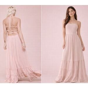 MABEL CORA SMOCKED OPEN BACK MAXI BOHO COTTAGE COASTAL DRESS DUSTY ROSE SMALL